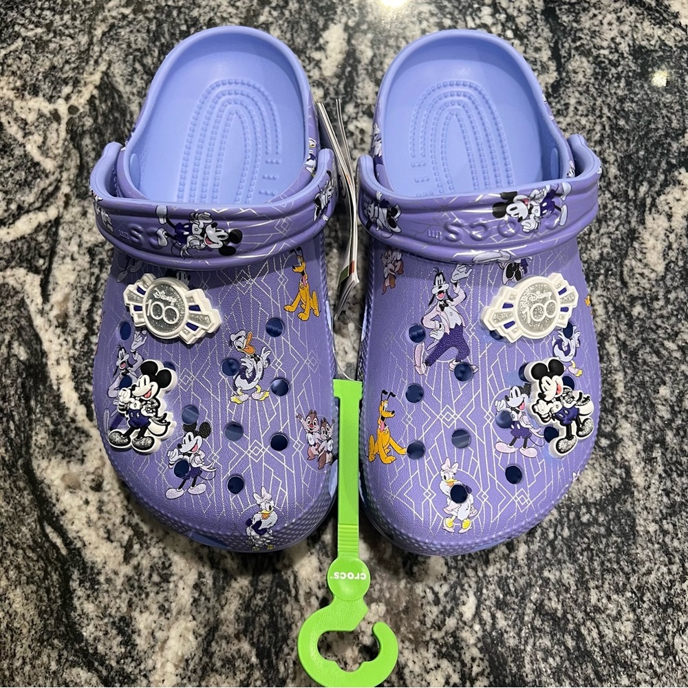NWT, Disney 100th Anniversary Crocs, Purple with Silver Accents